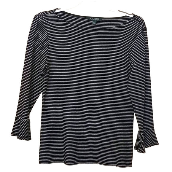 Lauren Ralph Lauren Green Label Size Large L White Black Fanned Sleeve Stripes - Picture 2 of 9